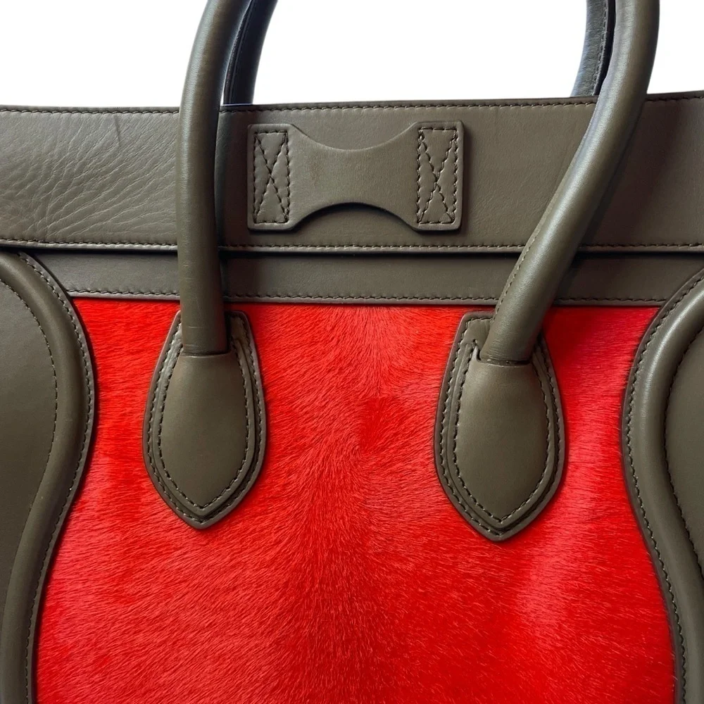 CELINE Tri-Color Pony Hair Calfskin Leather Mini Luggage Tote Bag Red Beige